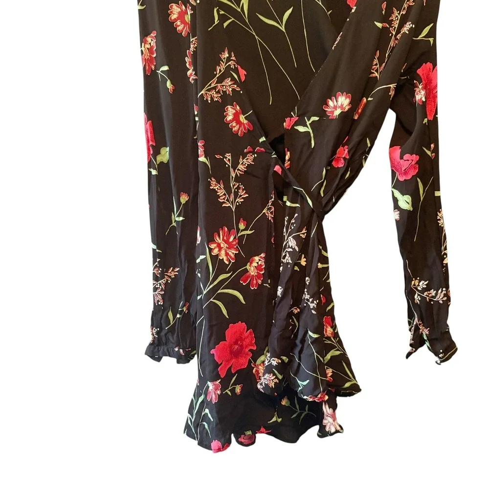Privacy Please Floral Mini‎ Dress Black Red Long Sleeve Wrap Style M